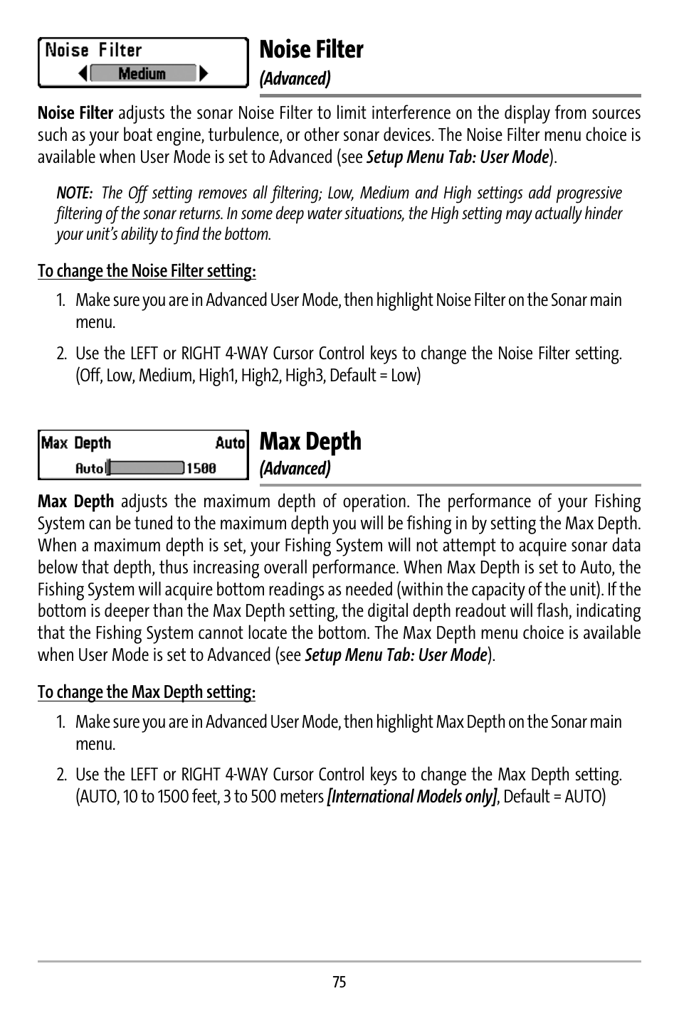 Noise filter, Max depth | Humminbird 737 User Manual | Page 84 / 138