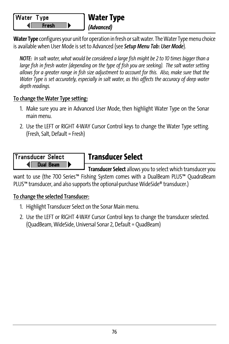 Water type, Transducer select | Humminbird 737 User Manual | Page 85 / 138