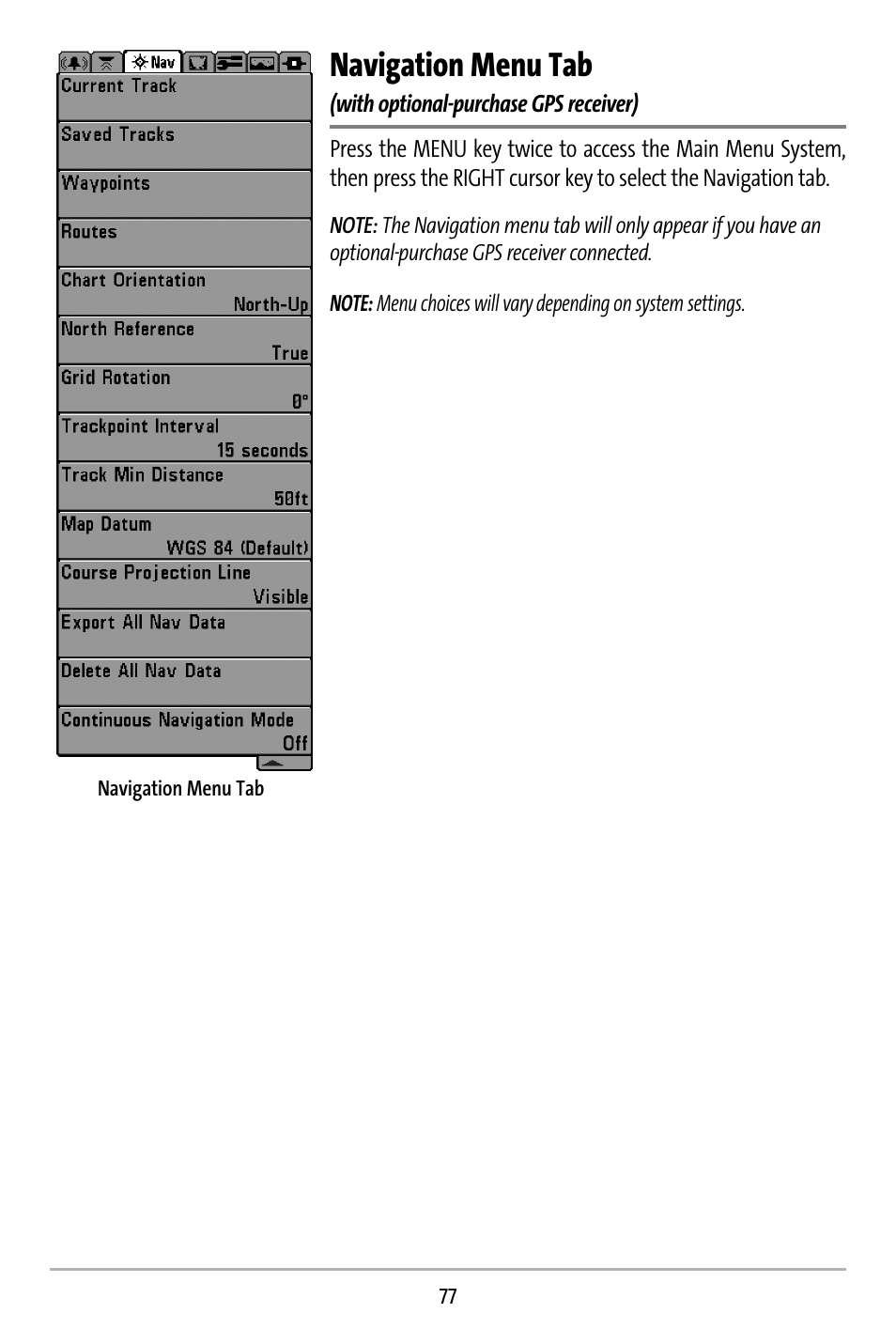 Navigation menu tab | Humminbird 737 User Manual | Page 86 / 138