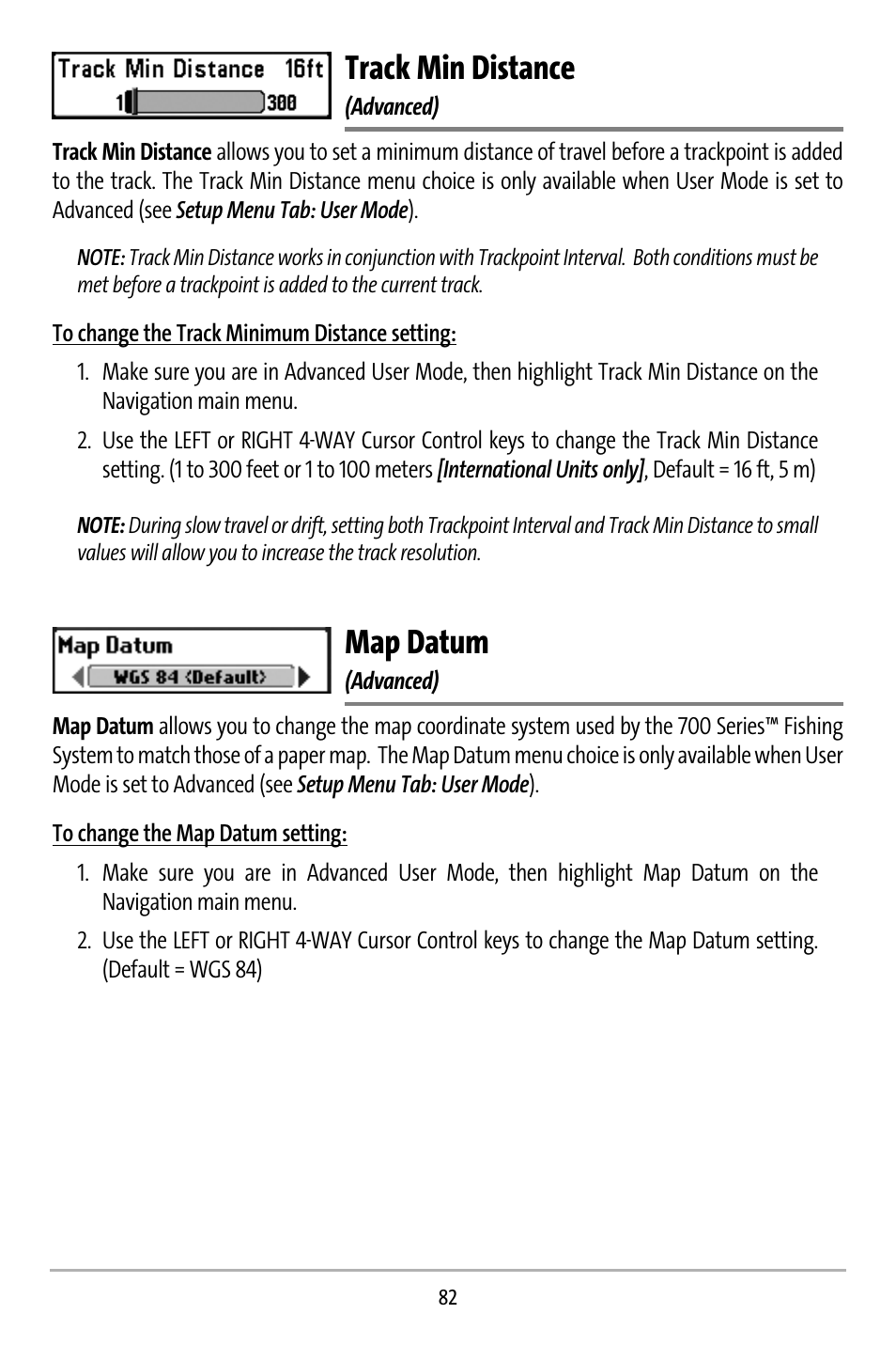 Track min distance, Map datum | Humminbird 737 User Manual | Page 91 / 138