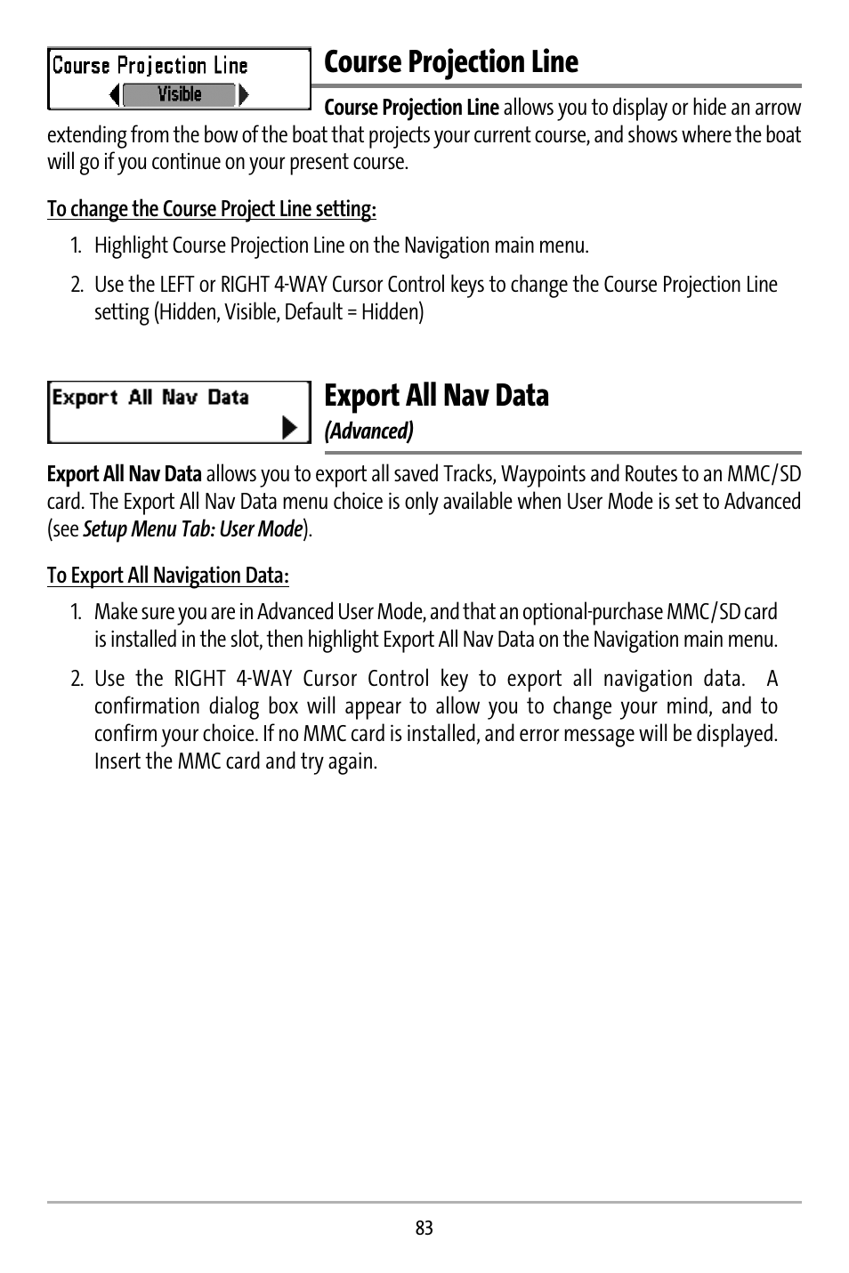 Course projection line, Export all nav data | Humminbird 737 User Manual | Page 92 / 138