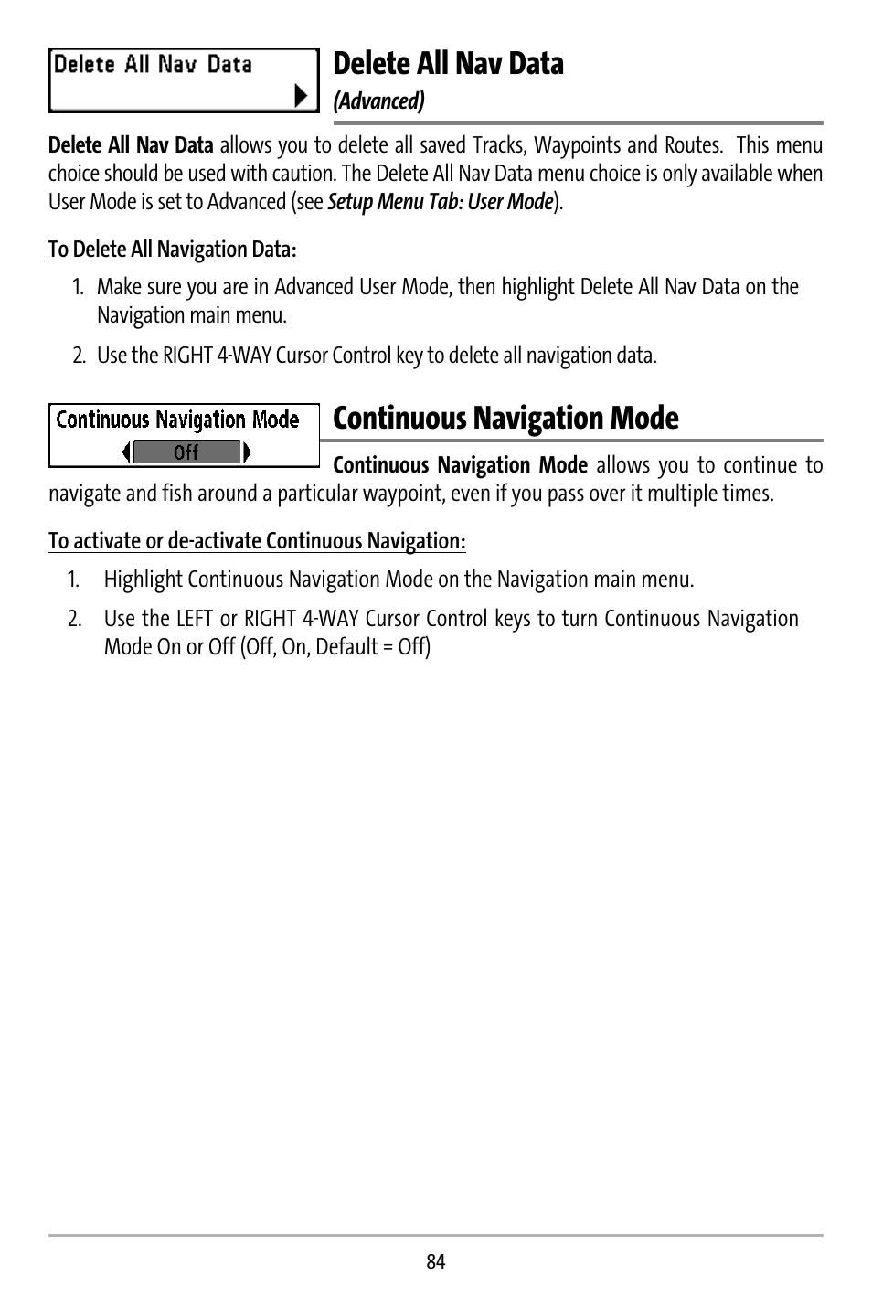 Delete all nav data, Continuous navigation mode | Humminbird 737 User Manual | Page 93 / 138