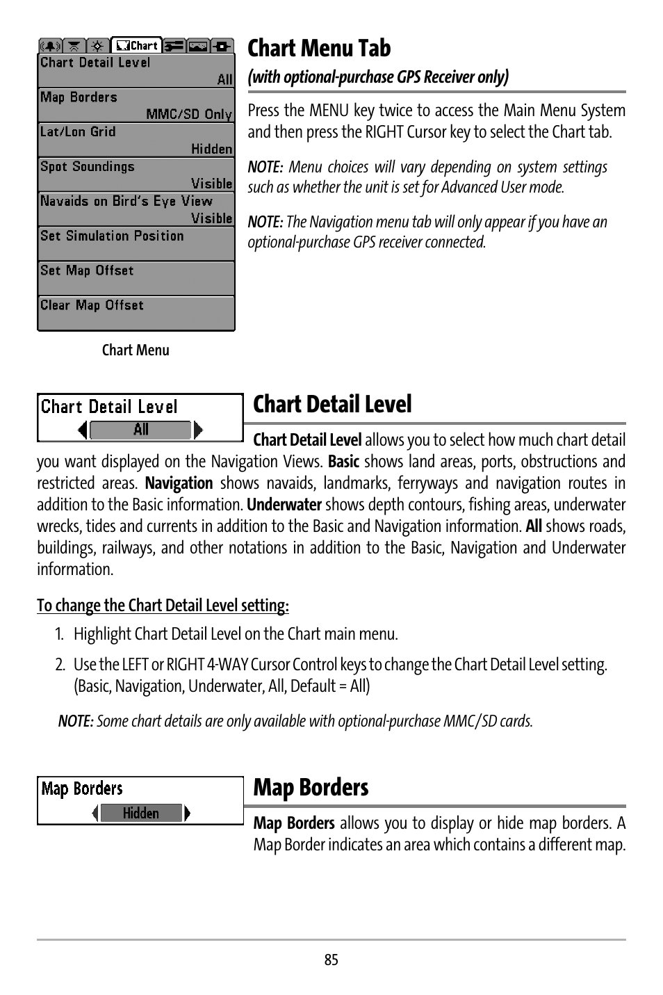 Chart menu tab, Chart detail level, Map borders | Humminbird 737 User Manual | Page 94 / 138