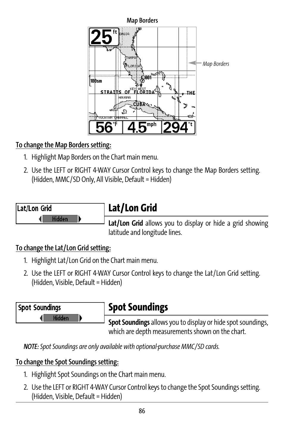 Lat/lon grid, Spot soundings | Humminbird 737 User Manual | Page 95 / 138