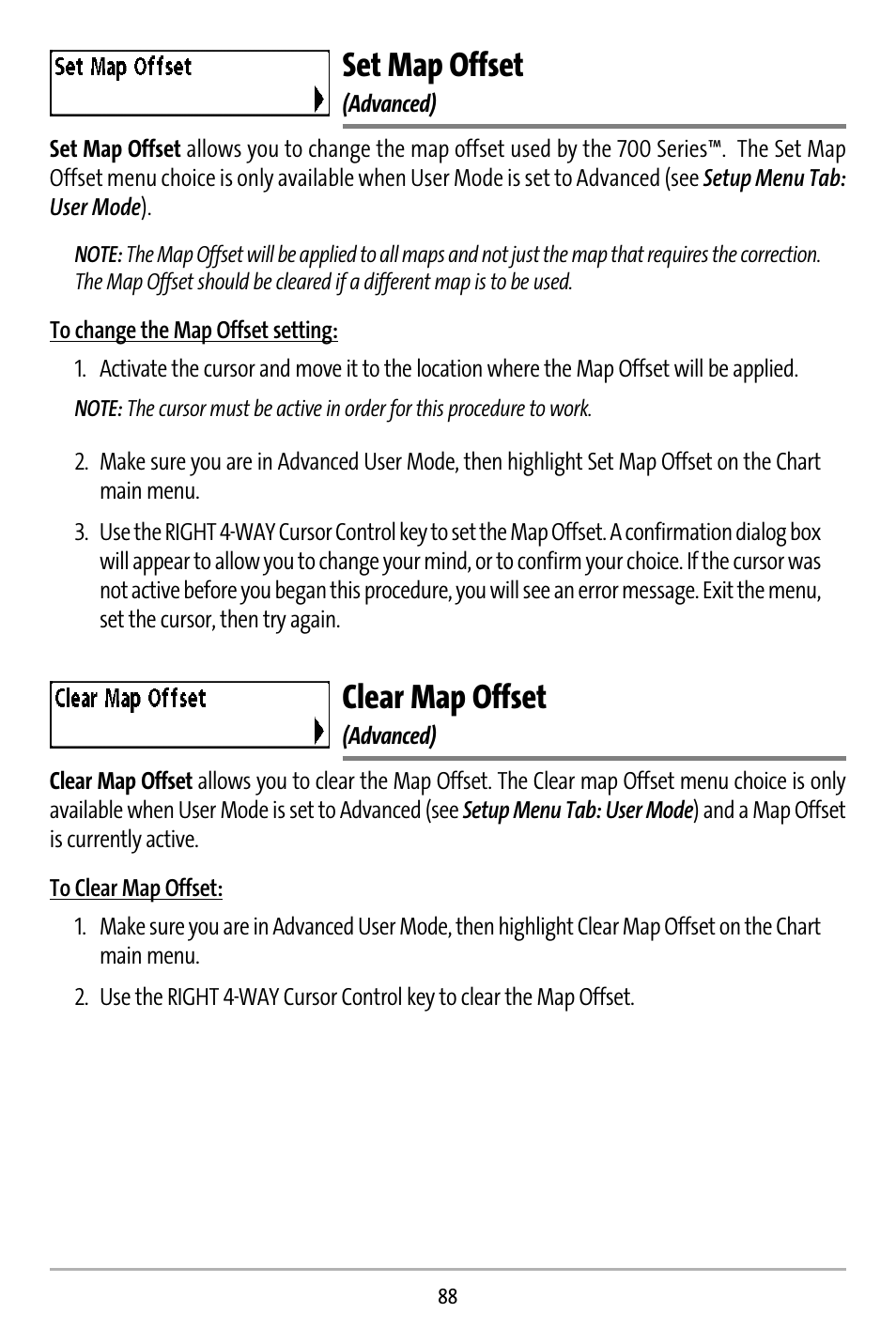Set map offset, Clear map offset | Humminbird 737 User Manual | Page 97 / 138