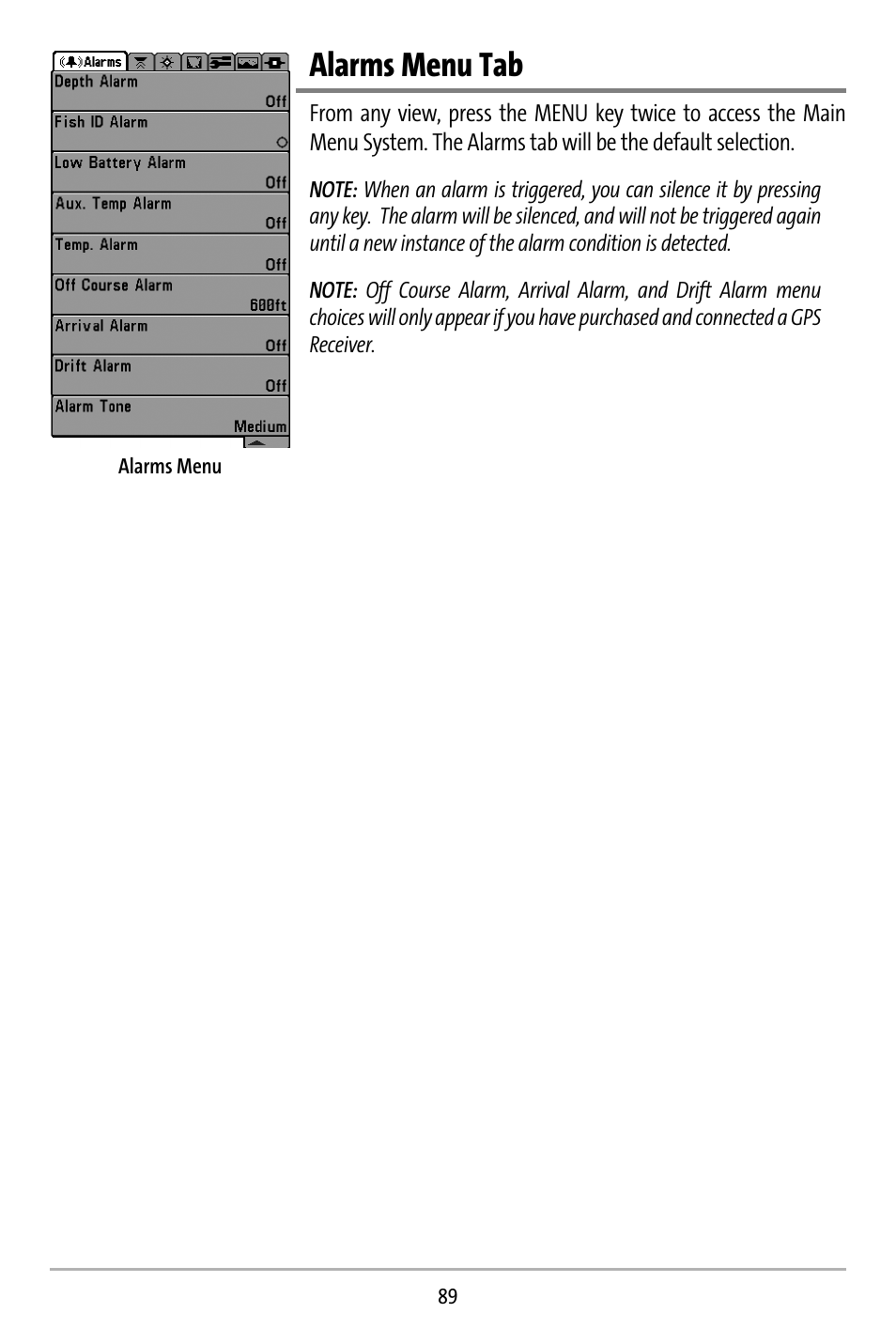 Alarms menu tab | Humminbird 737 User Manual | Page 98 / 138