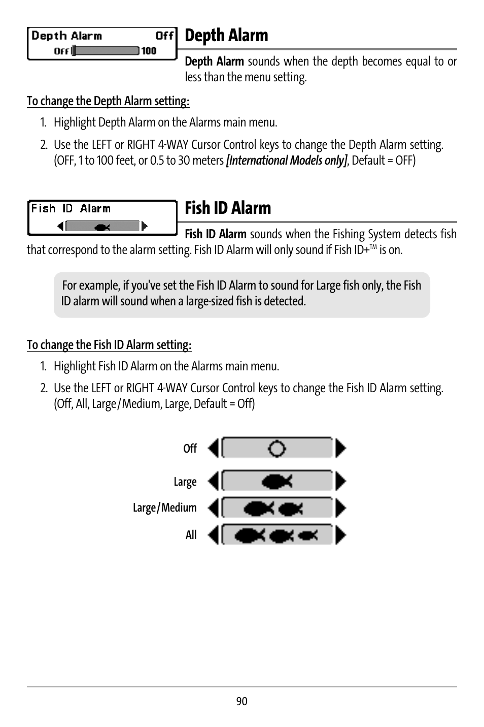 Depth alarm, Fish id alarm | Humminbird 737 User Manual | Page 99 / 138