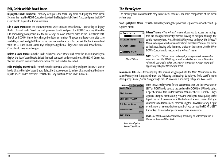 The menu system, Edit, delete or hide saved tracks | Humminbird AS GR4 User Manual | Page 10 / 23