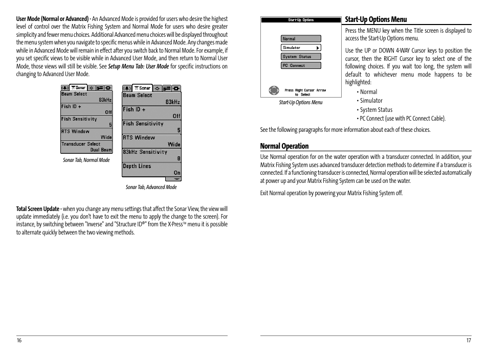 Start-up options menu, Normal operation | Humminbird AS GR4 User Manual | Page 11 / 23