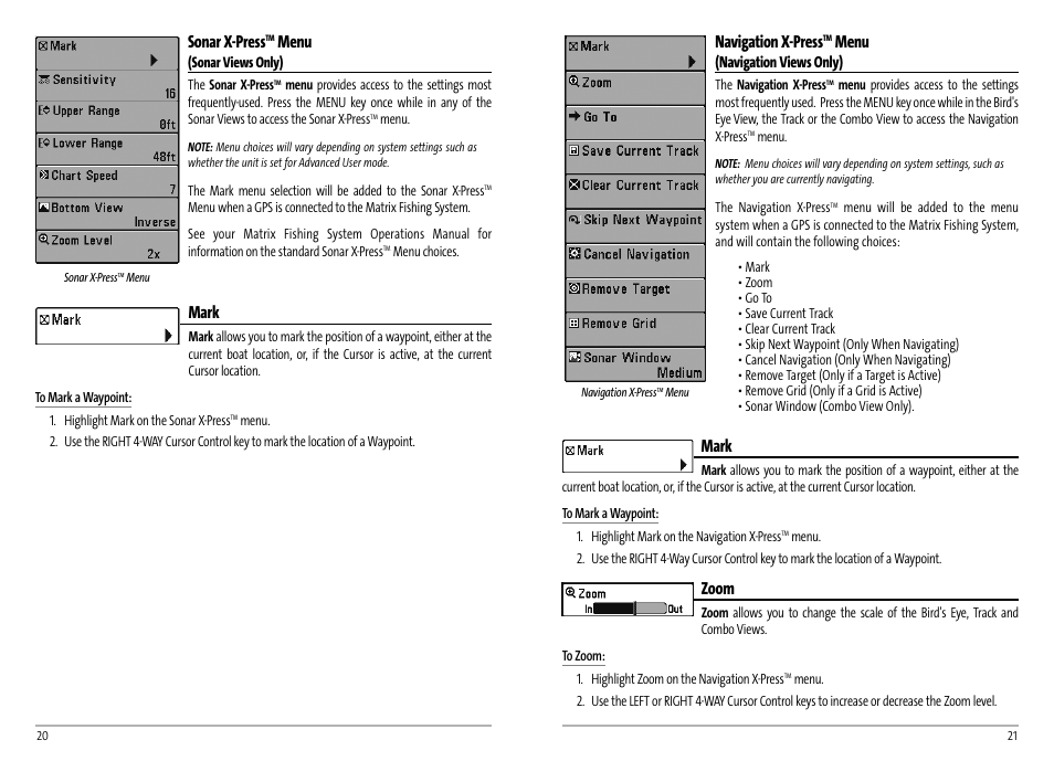 Navigation x-press, Menu, Mark | Zoom, Sonar x-press | Humminbird AS GR4 User Manual | Page 13 / 23