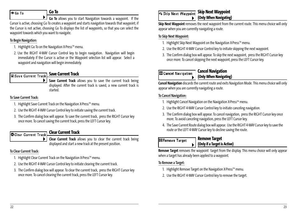 Skip next waypoint, Cancel navigation, Remove target | Go to, Save current track, Clear current track | Humminbird AS GR4 User Manual | Page 14 / 23