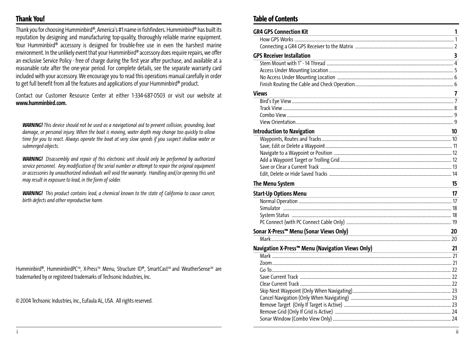Humminbird AS GR4 User Manual | Page 2 / 23