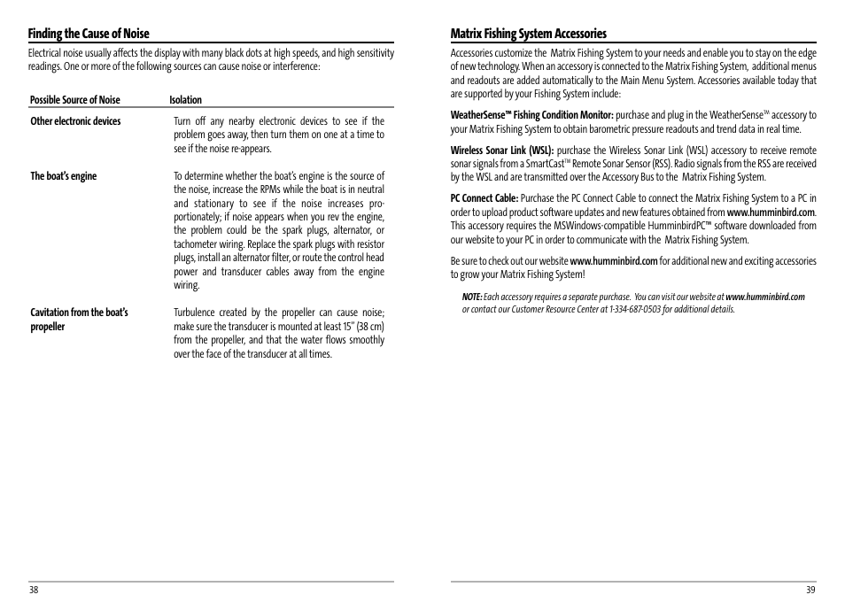 Matrix fishing system accessories, Finding the cause of noise | Humminbird AS GR4 User Manual | Page 22 / 23