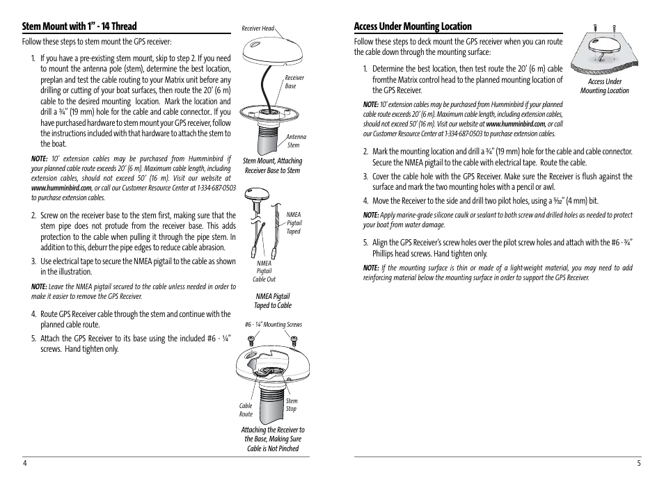 Access under mounting location, Stem mount with 1” - 14 thread | Humminbird AS GR4 User Manual | Page 5 / 23