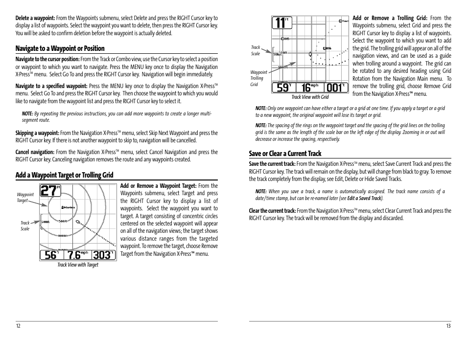 Save or clear a current track, Navigate to a waypoint or position, Add a waypoint target or trolling grid | Humminbird AS GR4 User Manual | Page 9 / 23