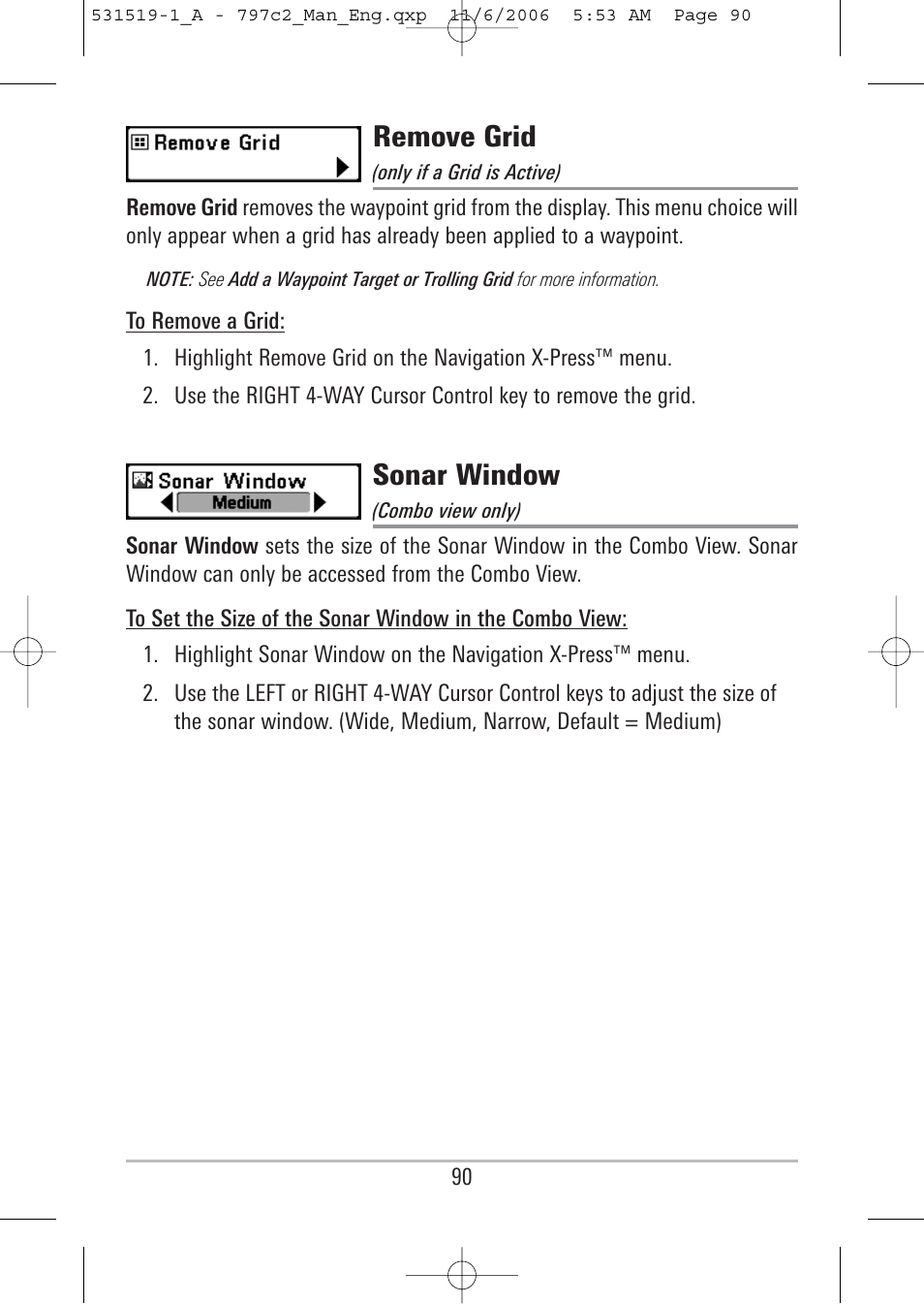 Remove grid, Sonar window | Humminbird 700 series User Manual | Page 100 / 183