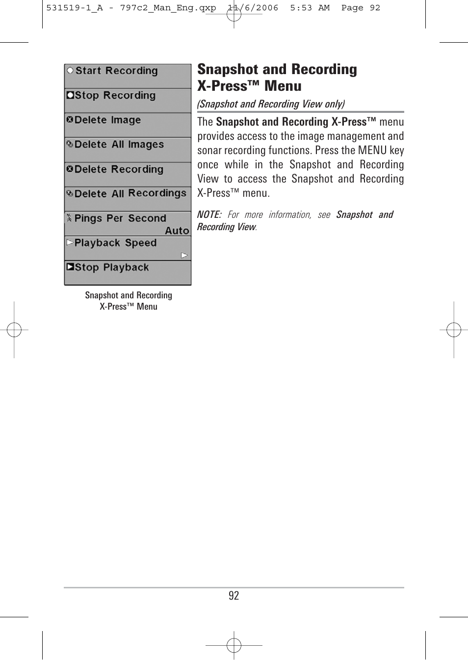Snapshot and recording x-press™ menu | Humminbird 700 series User Manual | Page 102 / 183