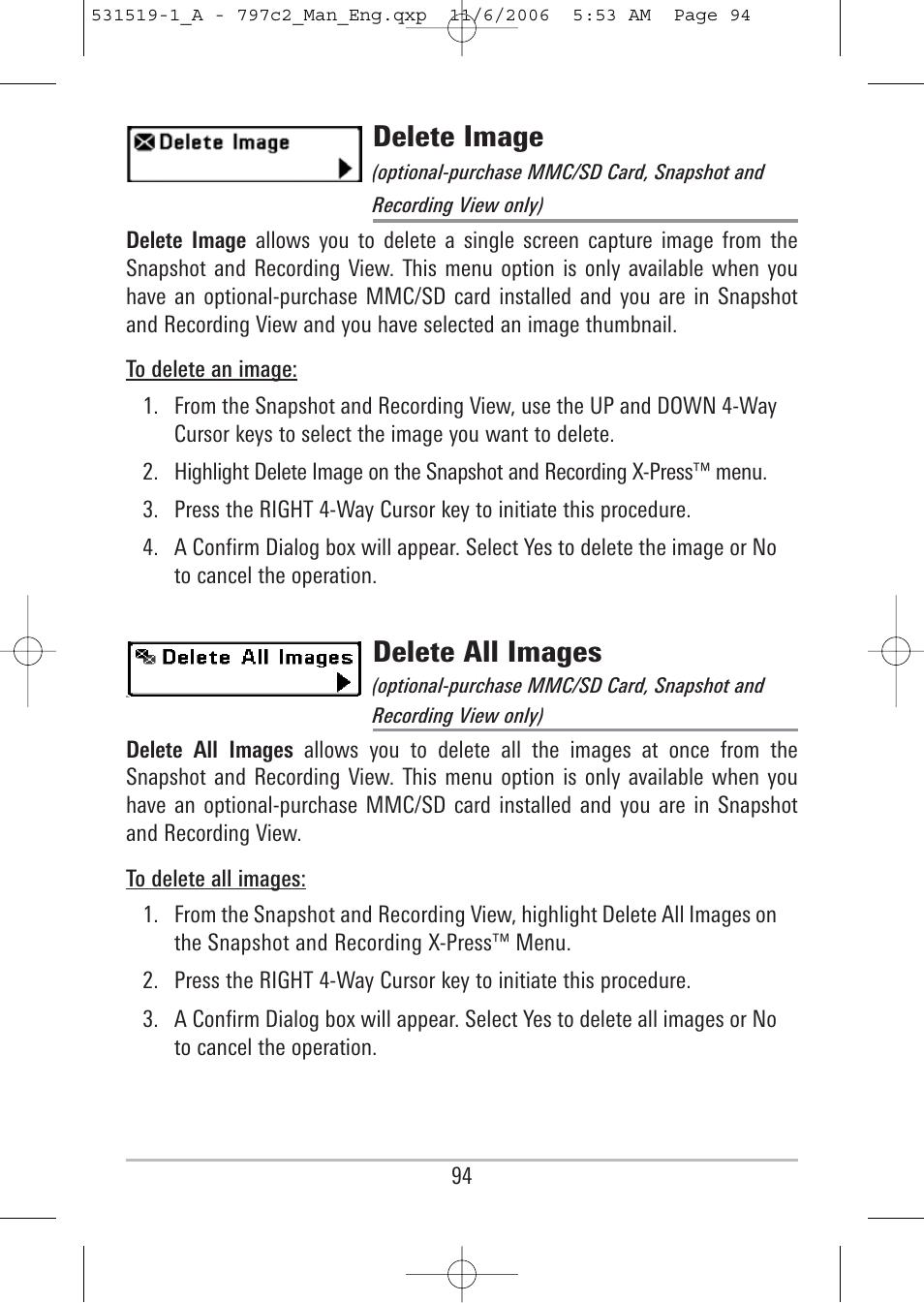 Delete image, Delete all images | Humminbird 700 series User Manual | Page 104 / 183