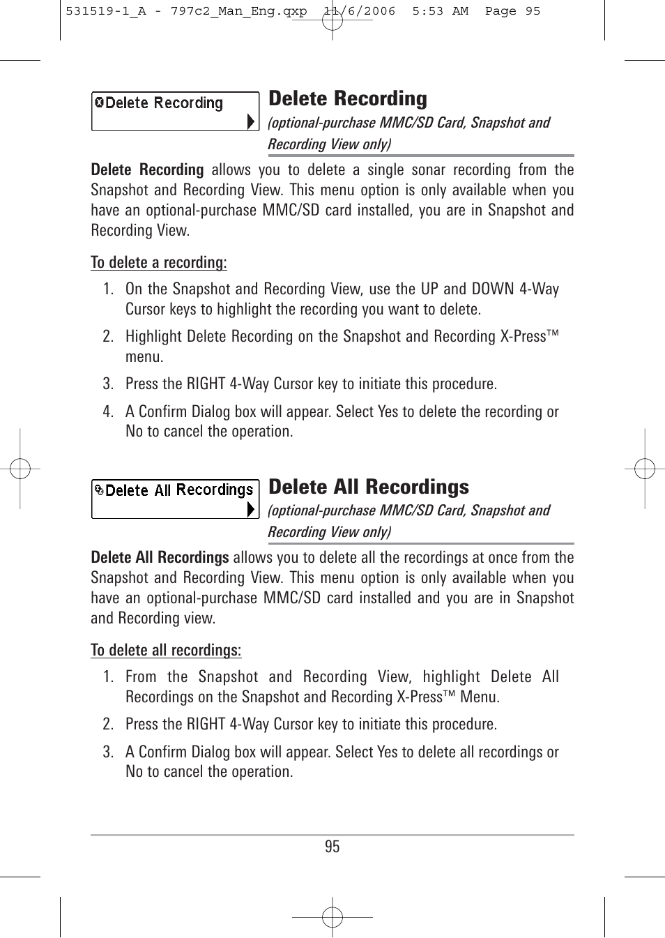 Delete recording, Delete all recordings | Humminbird 700 series User Manual | Page 105 / 183
