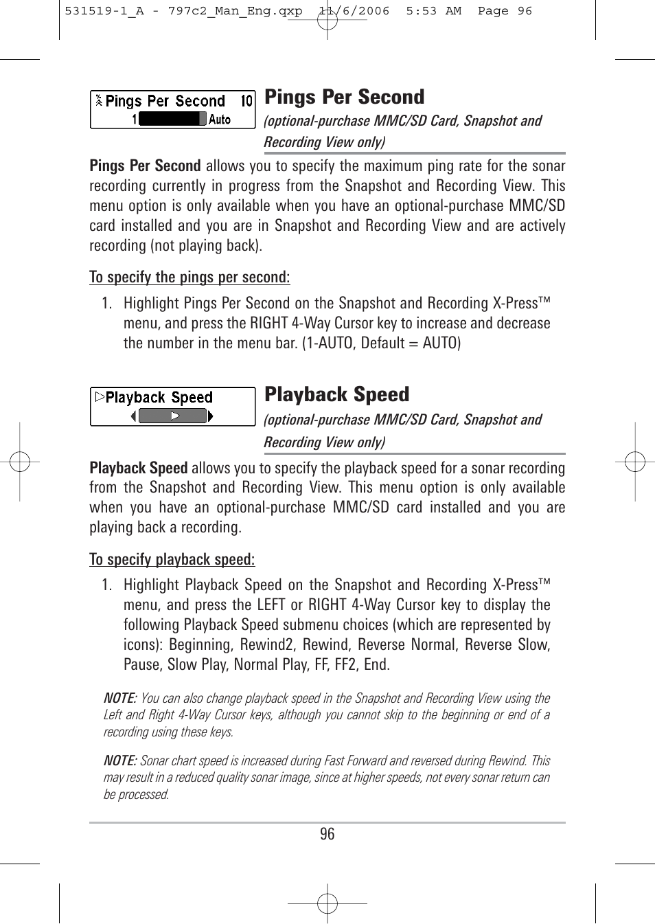Pings per second, Playback speed | Humminbird 700 series User Manual | Page 106 / 183