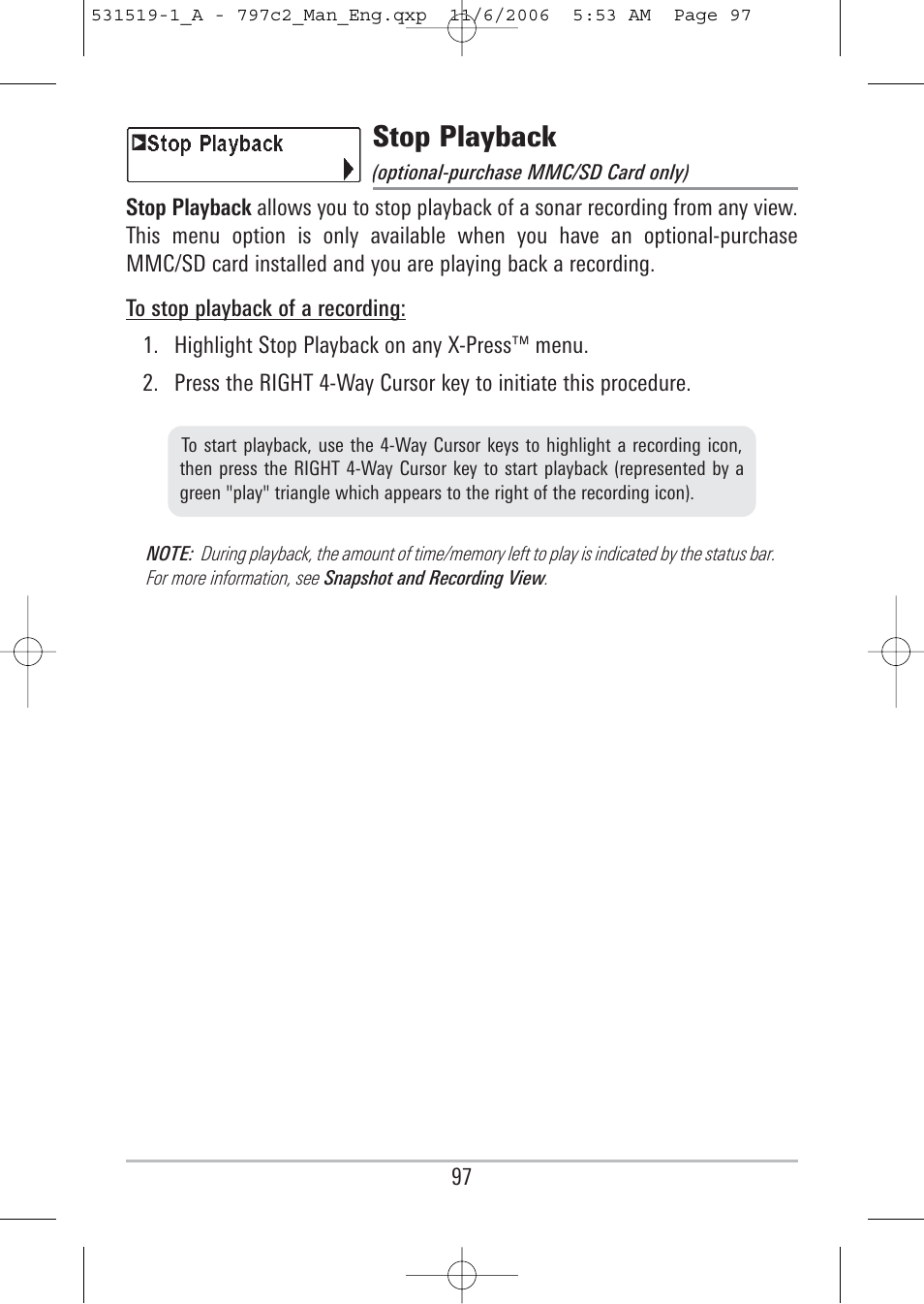 Stop playback | Humminbird 700 series User Manual | Page 107 / 183