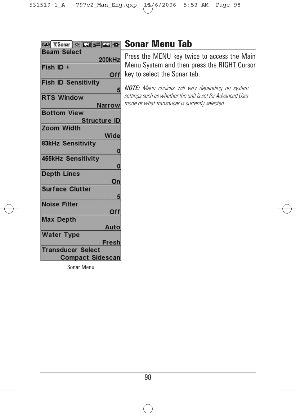 Sonar menu tab | Humminbird 700 series User Manual | Page 108 / 183