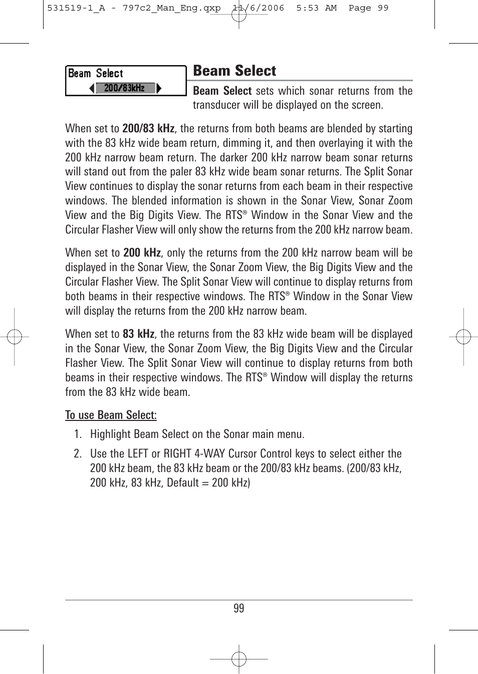 Beam select | Humminbird 700 series User Manual | Page 109 / 183