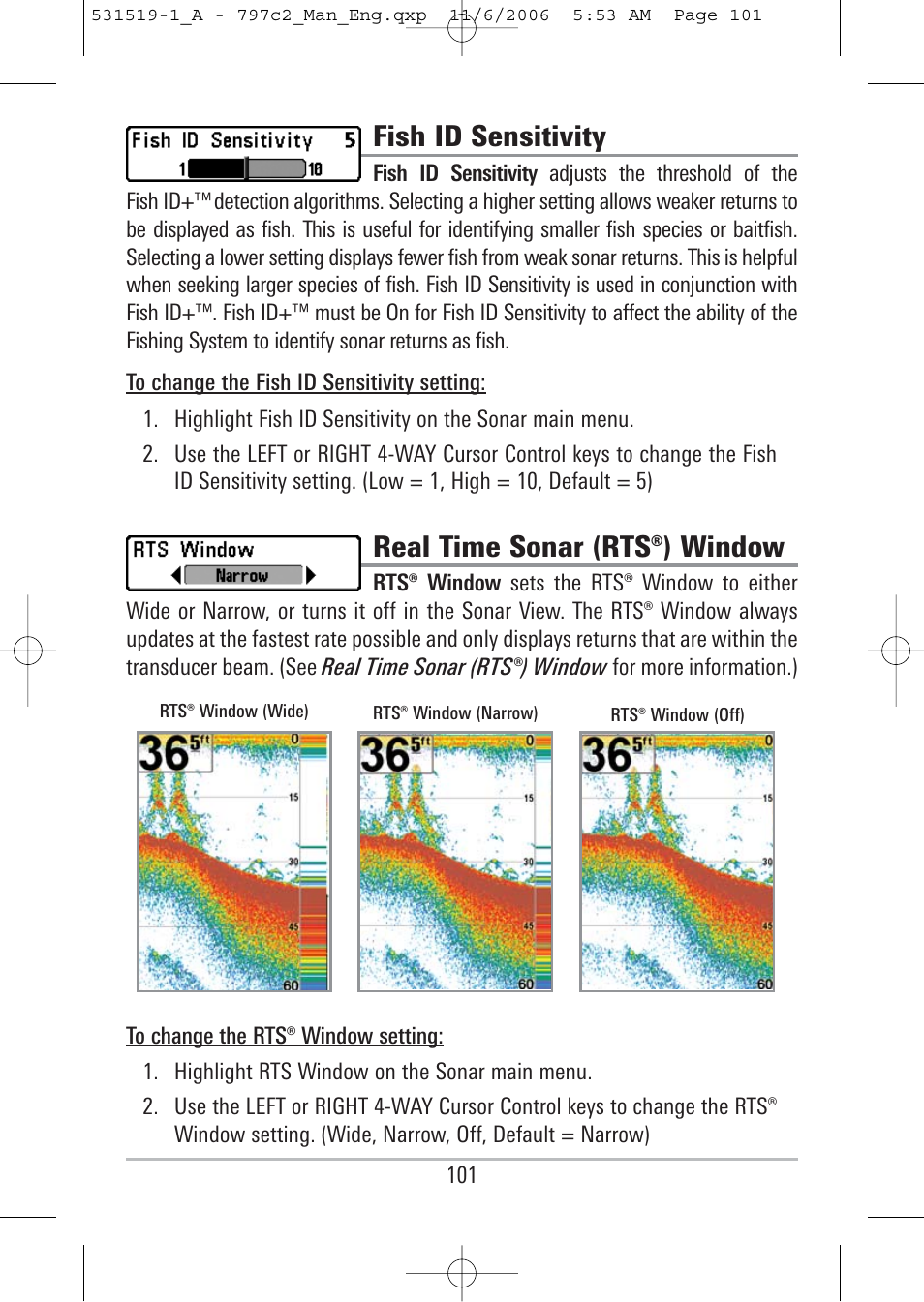 Fish id sensitivity, Real time sonar (rts®) window | Humminbird 700 series User Manual | Page 111 / 183