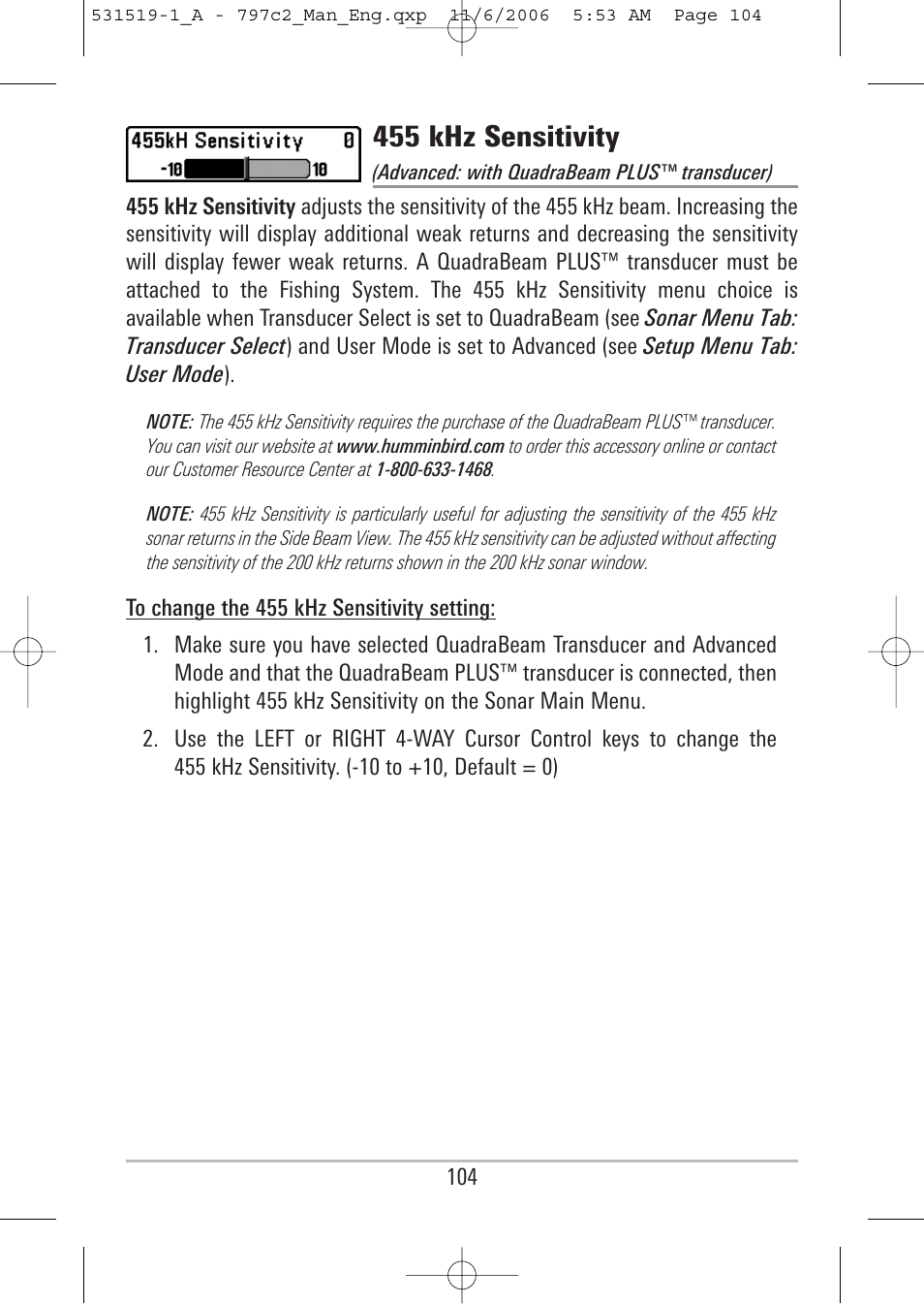455 khz sensitivity | Humminbird 700 series User Manual | Page 114 / 183
