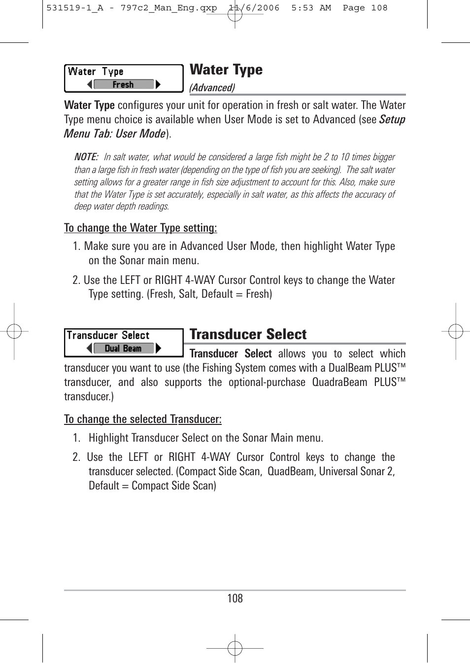 Water type, Transducer select | Humminbird 700 series User Manual | Page 118 / 183