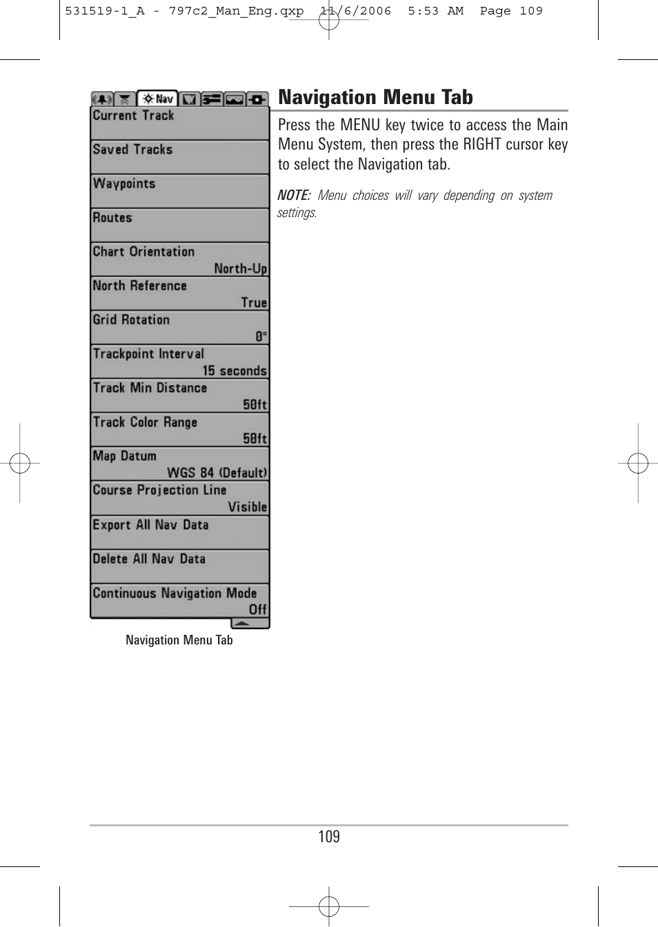 Navigation menu tab | Humminbird 700 series User Manual | Page 119 / 183