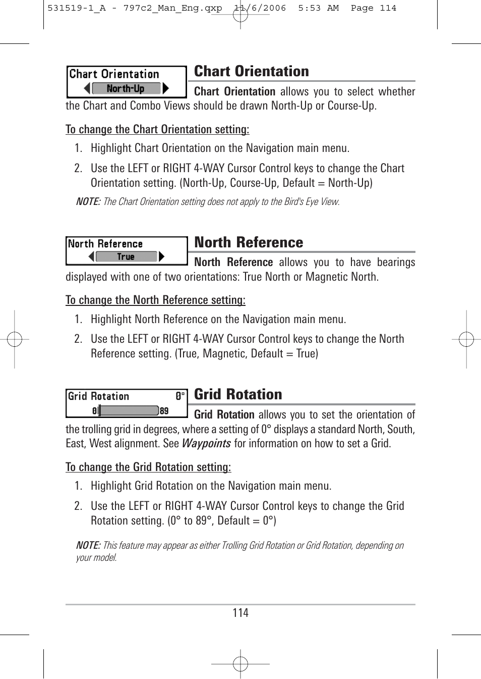 Chart orientation, North reference, Grid rotation | Humminbird 700 series User Manual | Page 124 / 183