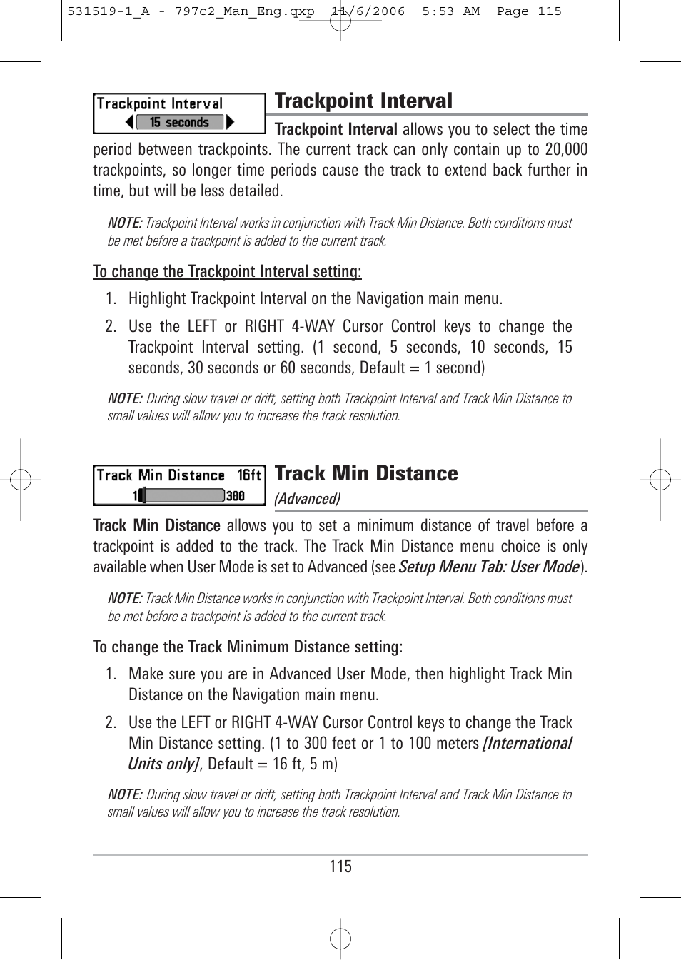 Trackpoint interval, Track min distance | Humminbird 700 series User Manual | Page 125 / 183