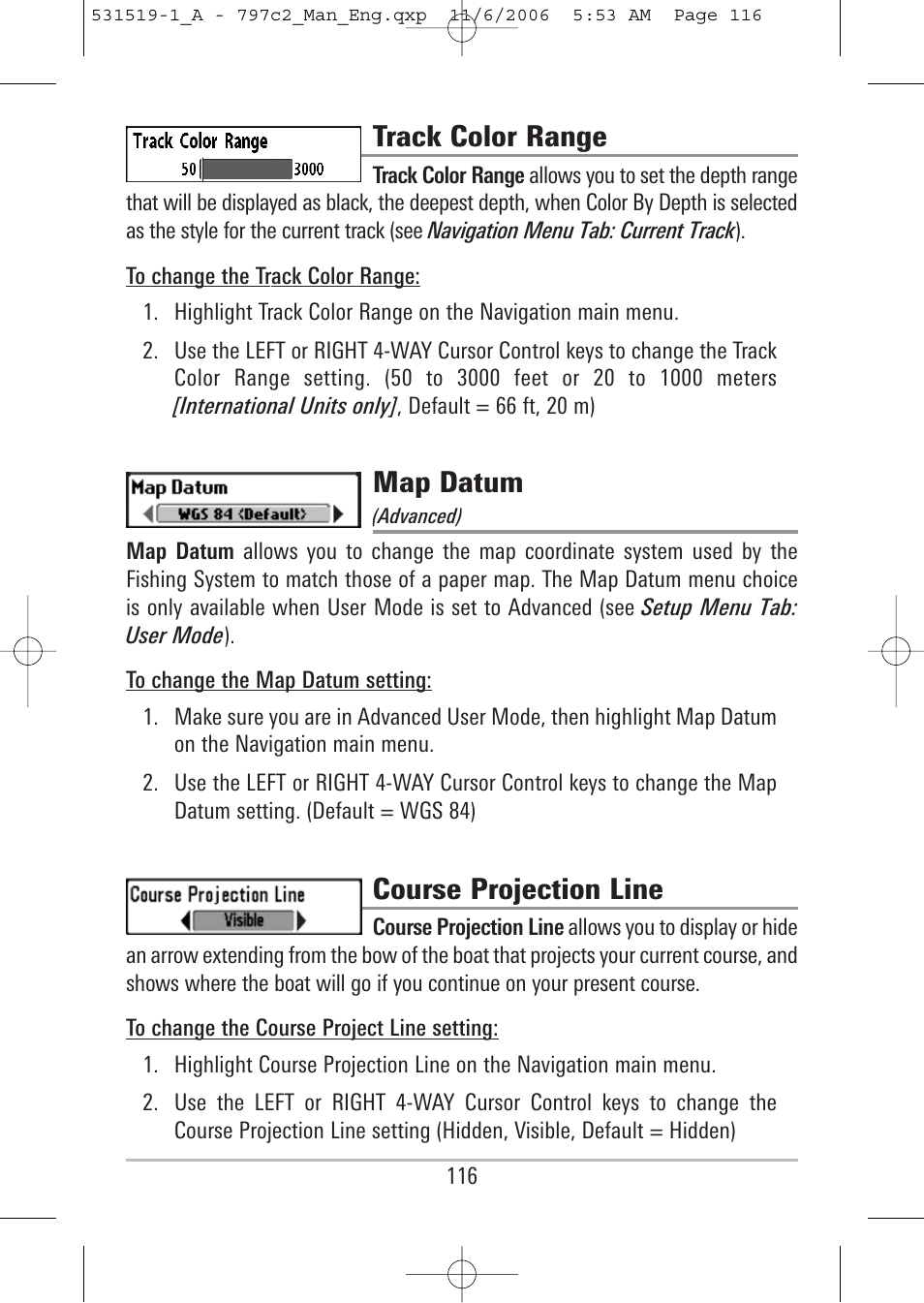 Track color range, Map datum, Course projection line | Humminbird 700 series User Manual | Page 126 / 183