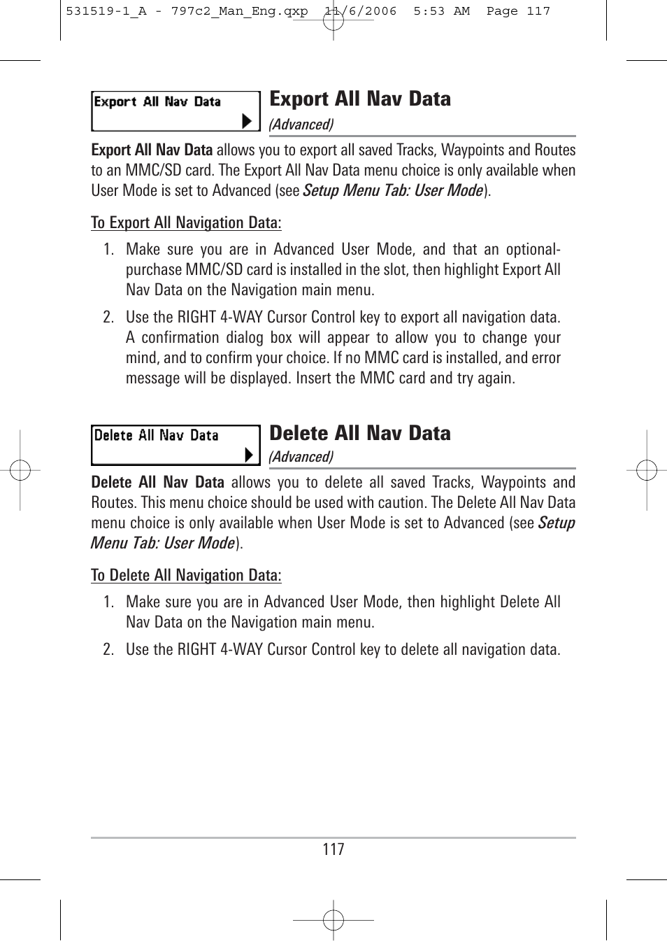 Export all nav data, Delete all nav data | Humminbird 700 series User Manual | Page 127 / 183