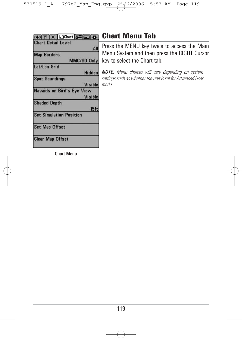 Chart menu tab | Humminbird 700 series User Manual | Page 129 / 183