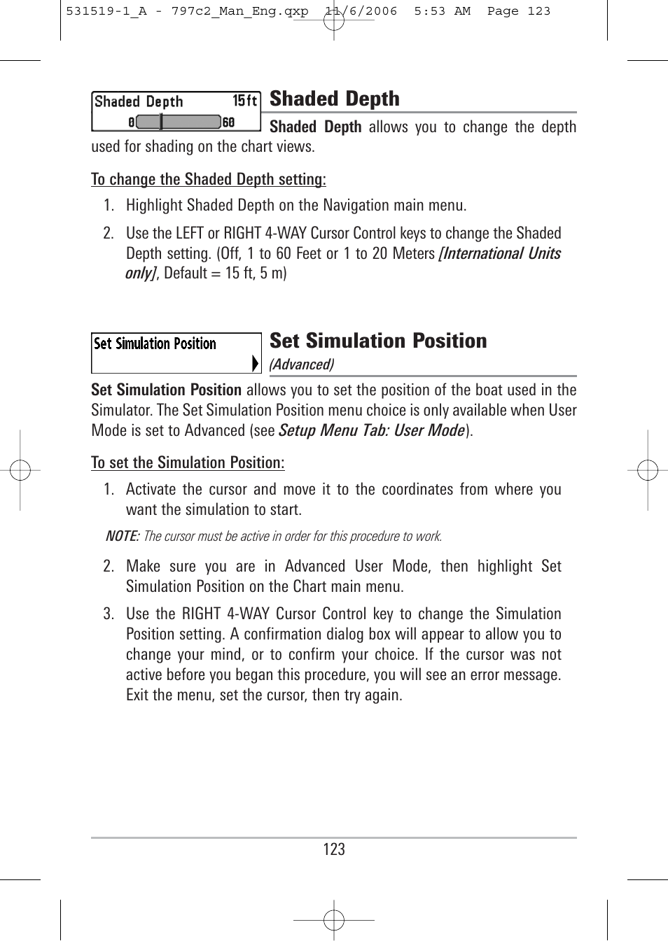 Shaded depth, Set simulation position | Humminbird 700 series User Manual | Page 133 / 183