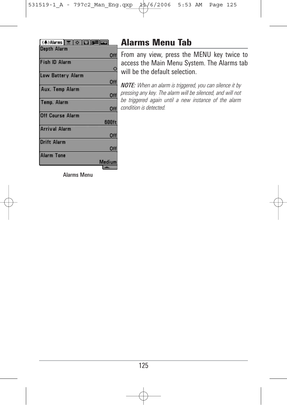 Alarms menu tab | Humminbird 700 series User Manual | Page 135 / 183