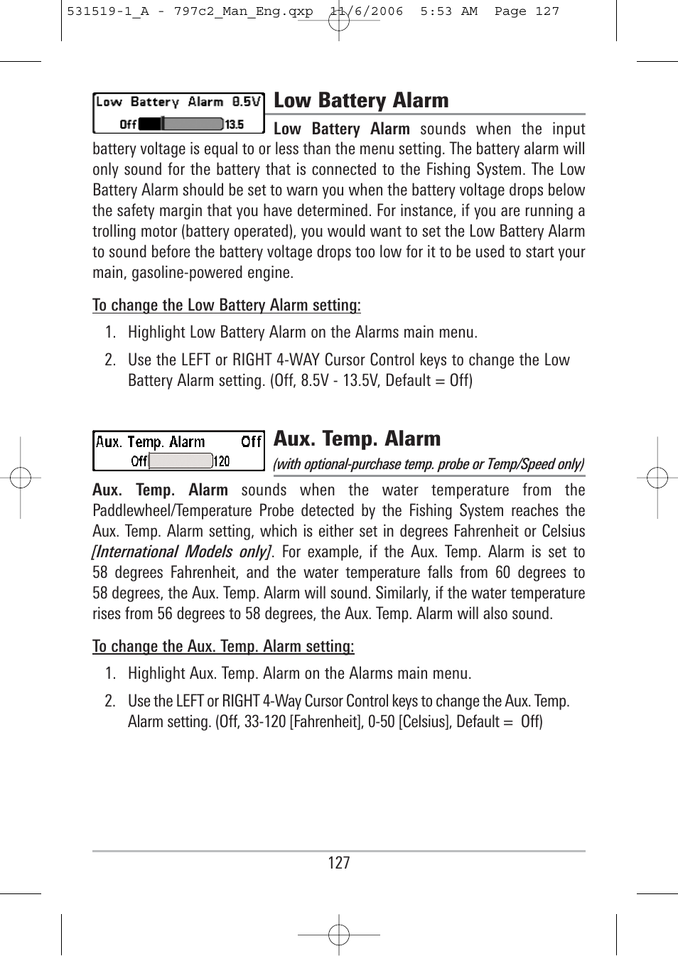Low battery alarm, Aux. temp. alarm | Humminbird 700 series User Manual | Page 137 / 183