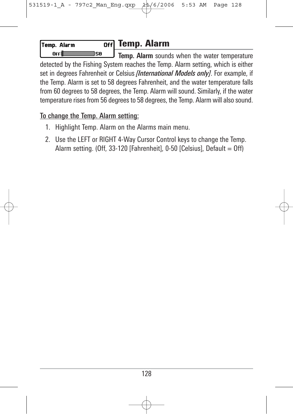 Temp. alarm | Humminbird 700 series User Manual | Page 138 / 183