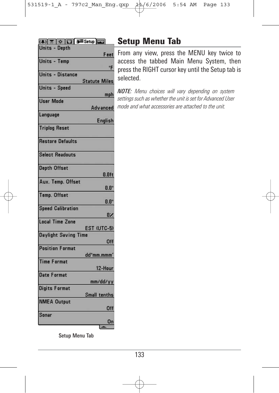 Setup menu tab | Humminbird 700 series User Manual | Page 143 / 183