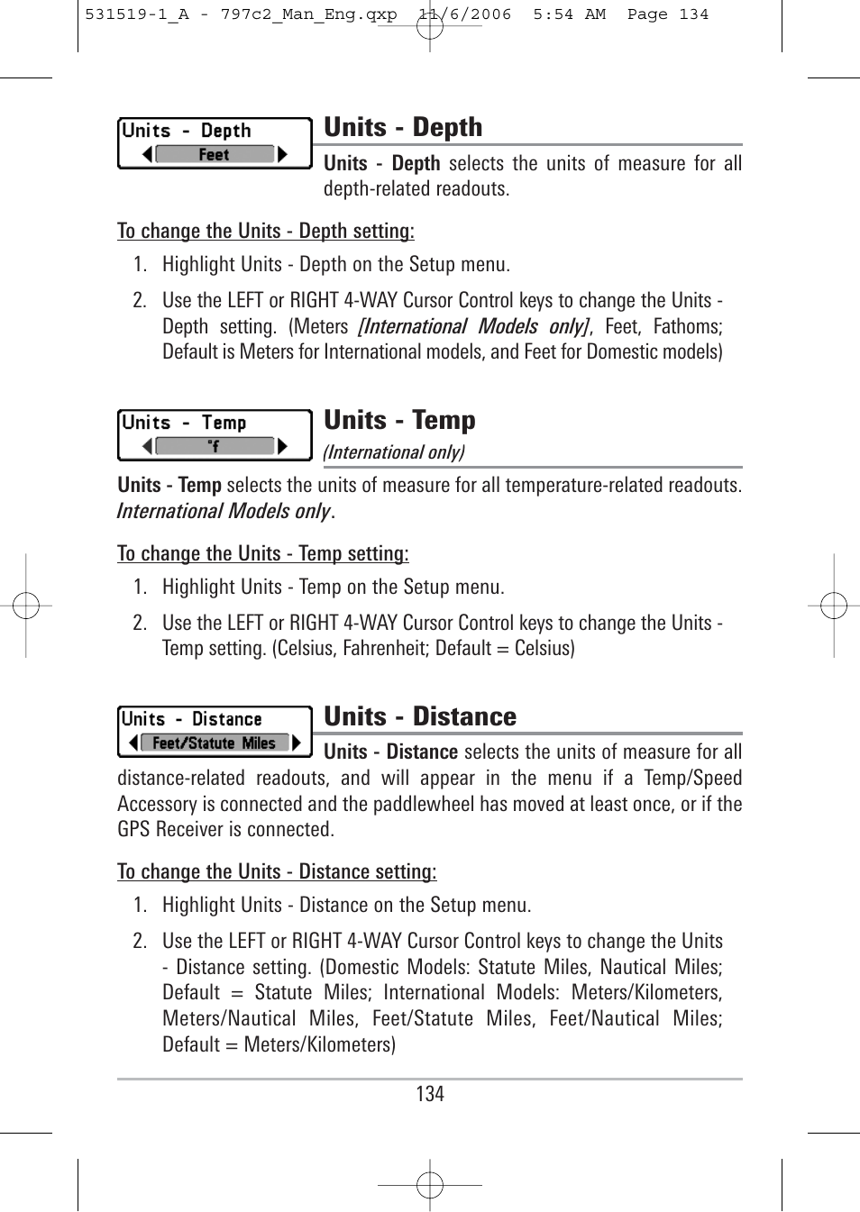 Units - depth, Units - temp, Units - distance | Humminbird 700 series User Manual | Page 144 / 183
