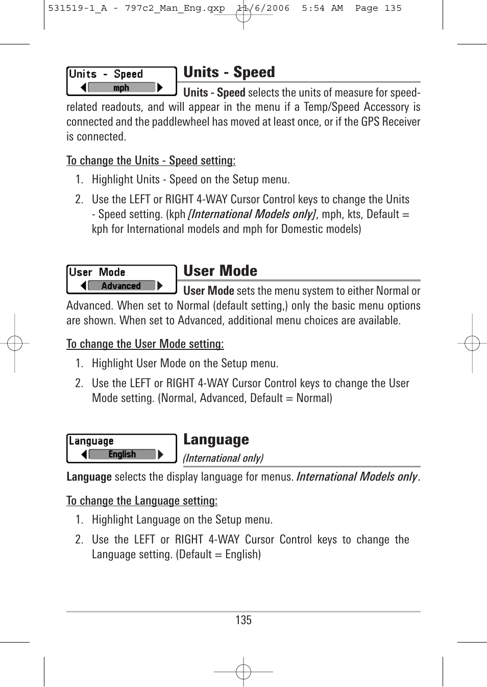 Units - speed, User mode, Language | Humminbird 700 series User Manual | Page 145 / 183