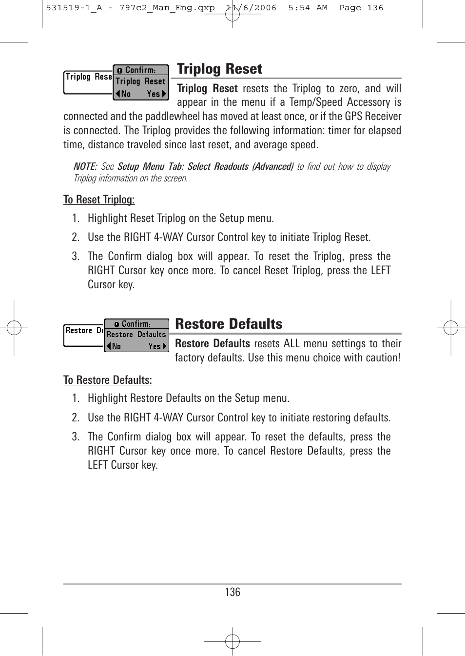Triplog reset, Restore defaults | Humminbird 700 series User Manual | Page 146 / 183