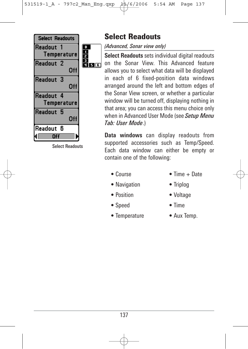 Select readouts | Humminbird 700 series User Manual | Page 147 / 183