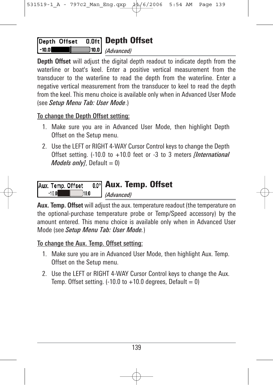 Depth offset, Aux. temp. offset | Humminbird 700 series User Manual | Page 149 / 183