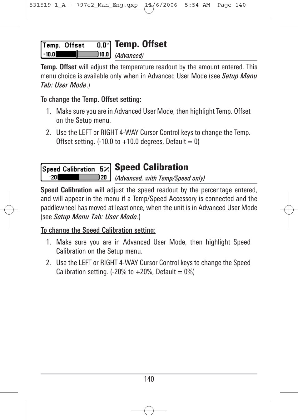 Temp. offset, Speed calibration | Humminbird 700 series User Manual | Page 150 / 183