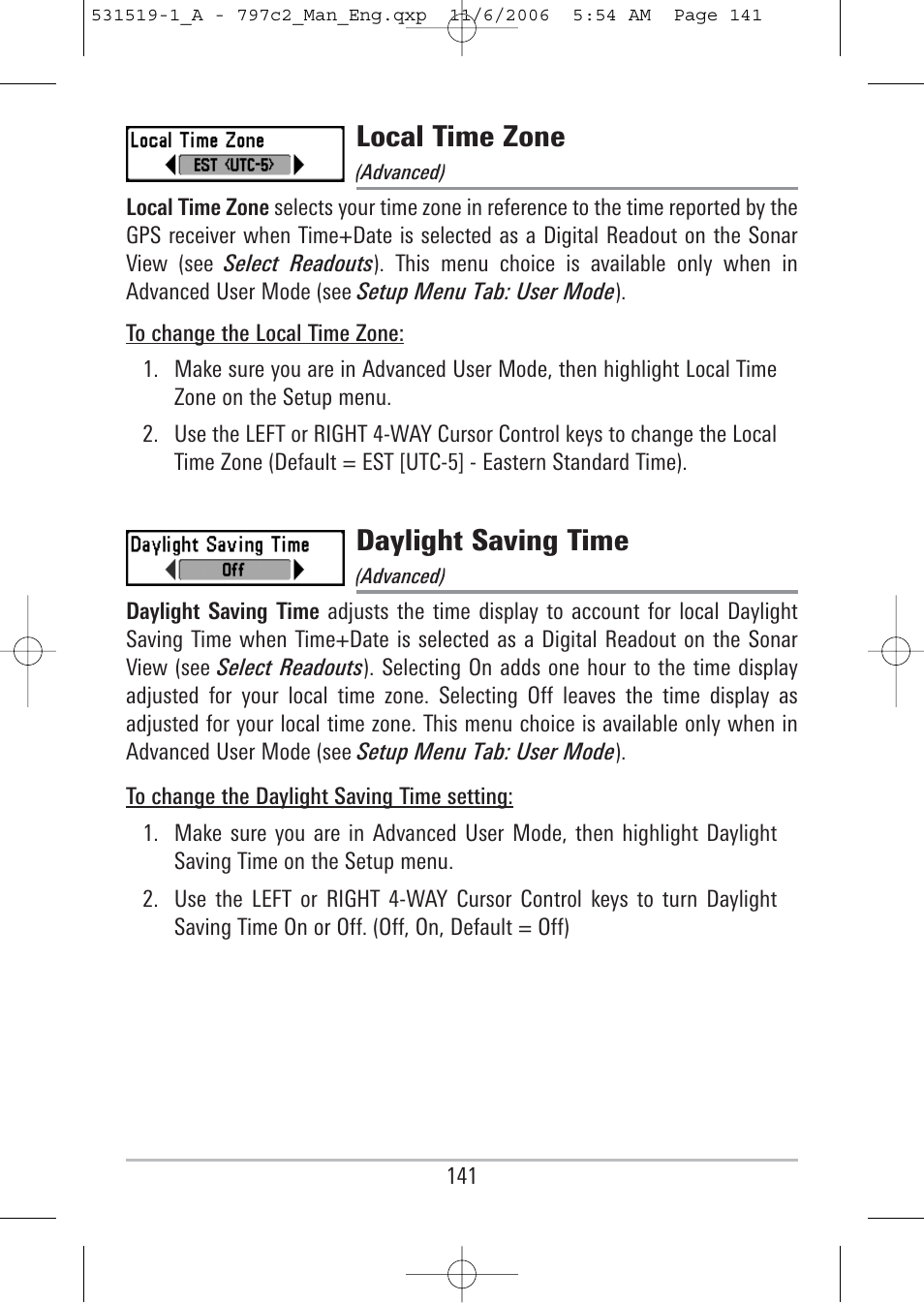 Local time zone, Daylight saving time | Humminbird 700 series User Manual | Page 151 / 183