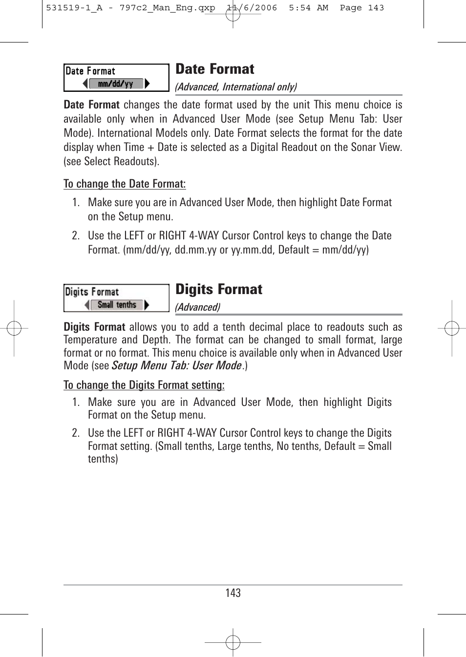 Date format, Digits format | Humminbird 700 series User Manual | Page 153 / 183