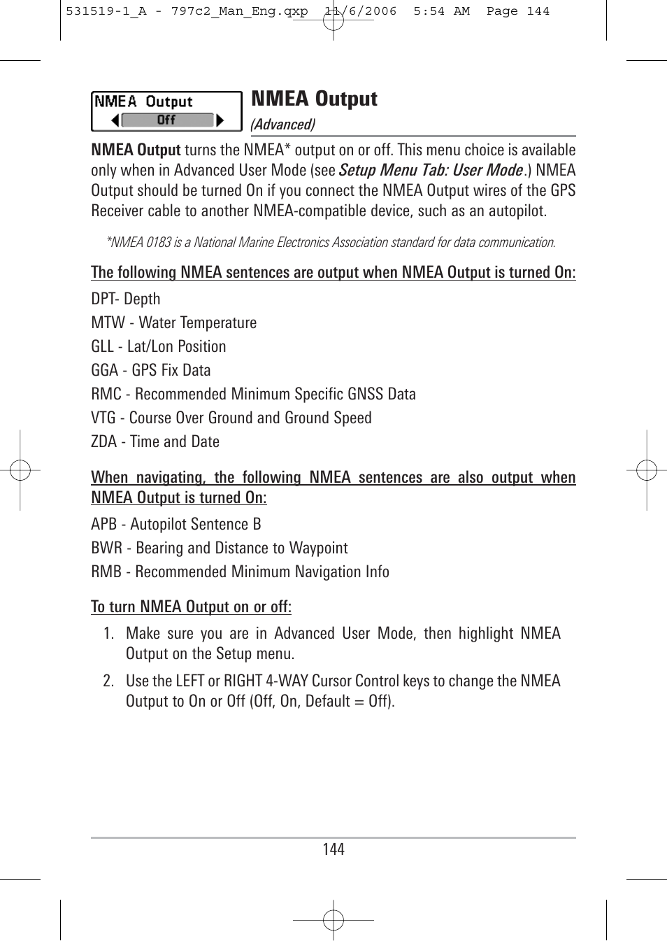 Nmea output | Humminbird 700 series User Manual | Page 154 / 183